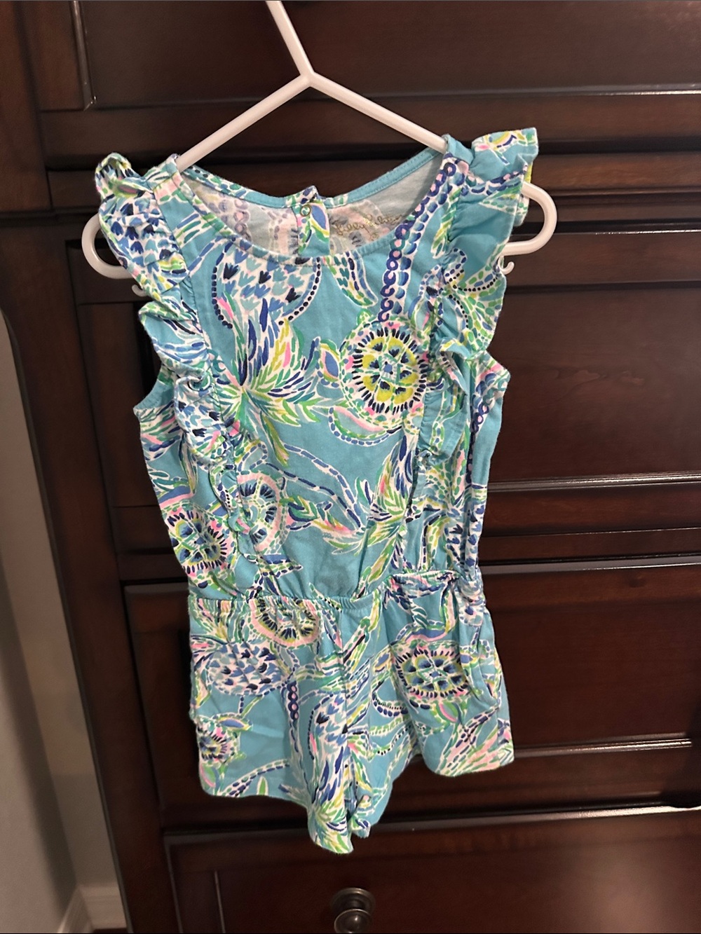 Lilly Pulitzer Aqua Multi Floral Ruffle Kids One-Piece Romper